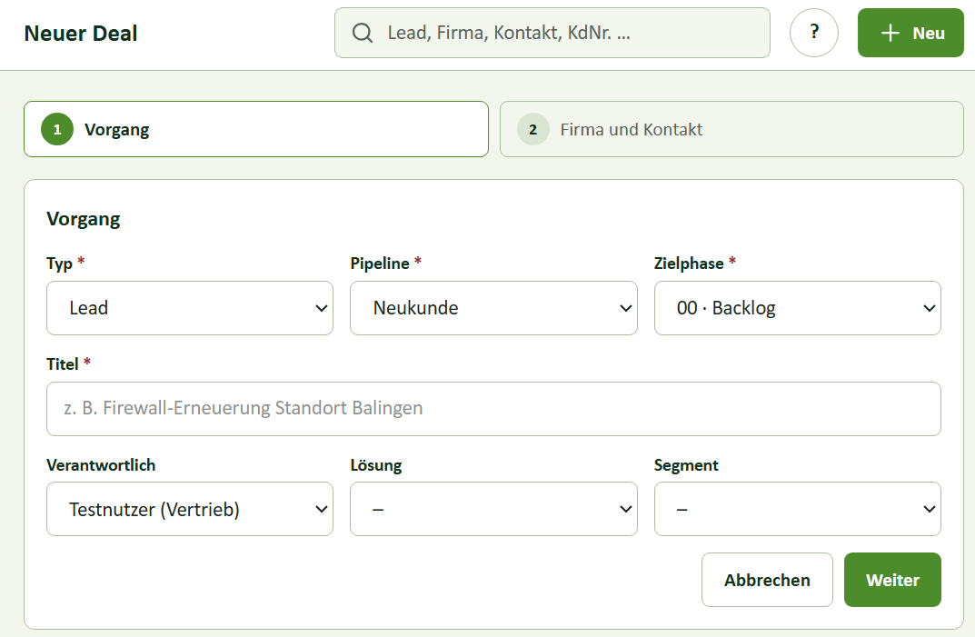 Neuer Deal mit Kunden-, Artikel- und Angebotsdaten aus dem ERP